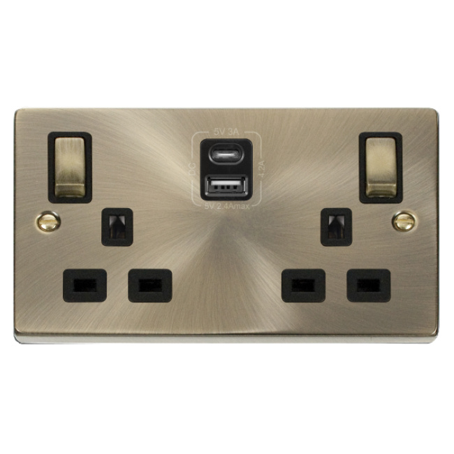 Antique Brass Double Plug Socket With USB A & C Charging Ports with black inserts